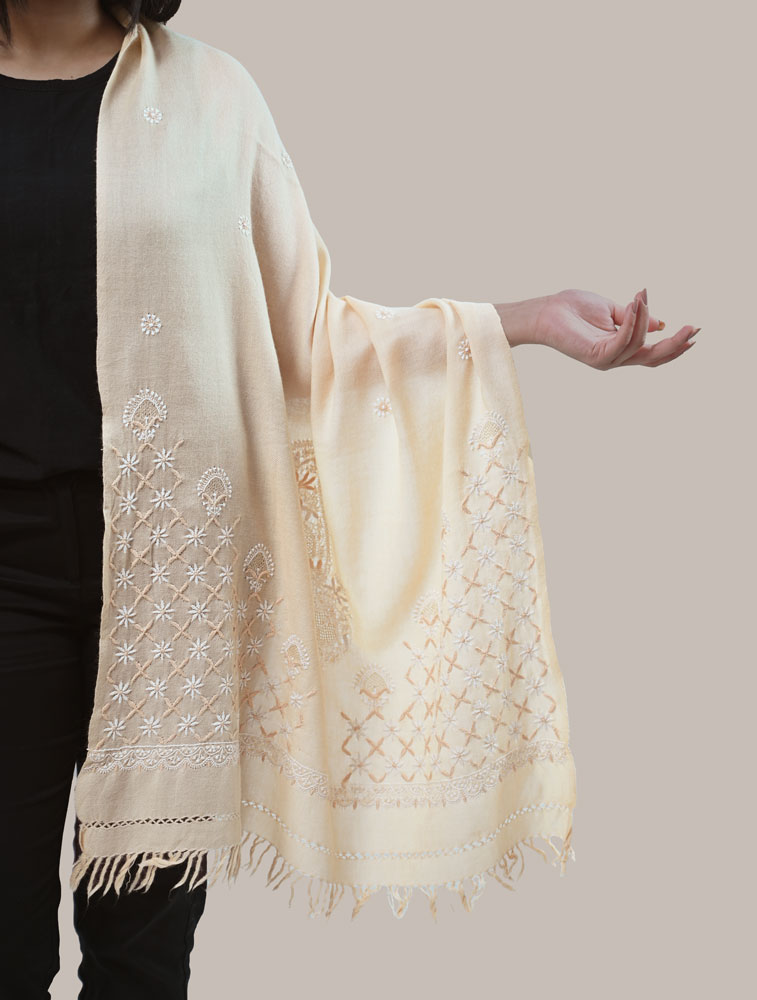 Beige Hand Embroidered Woollen Stole with Chikankari Main Image