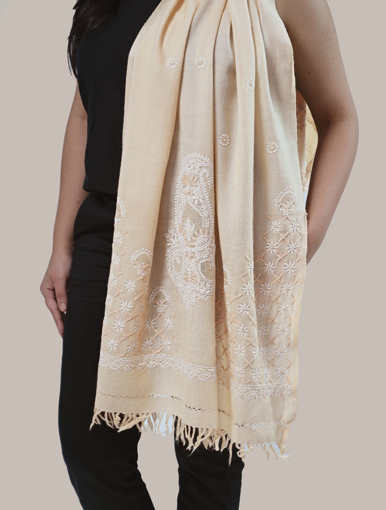 Beige Hand Embroidered Woollen Stole with Chikankari Back Image