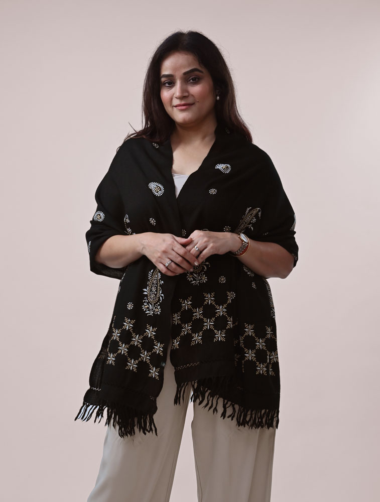 Black Woollen Stole with Hand Embroidered Chikankari Main Image