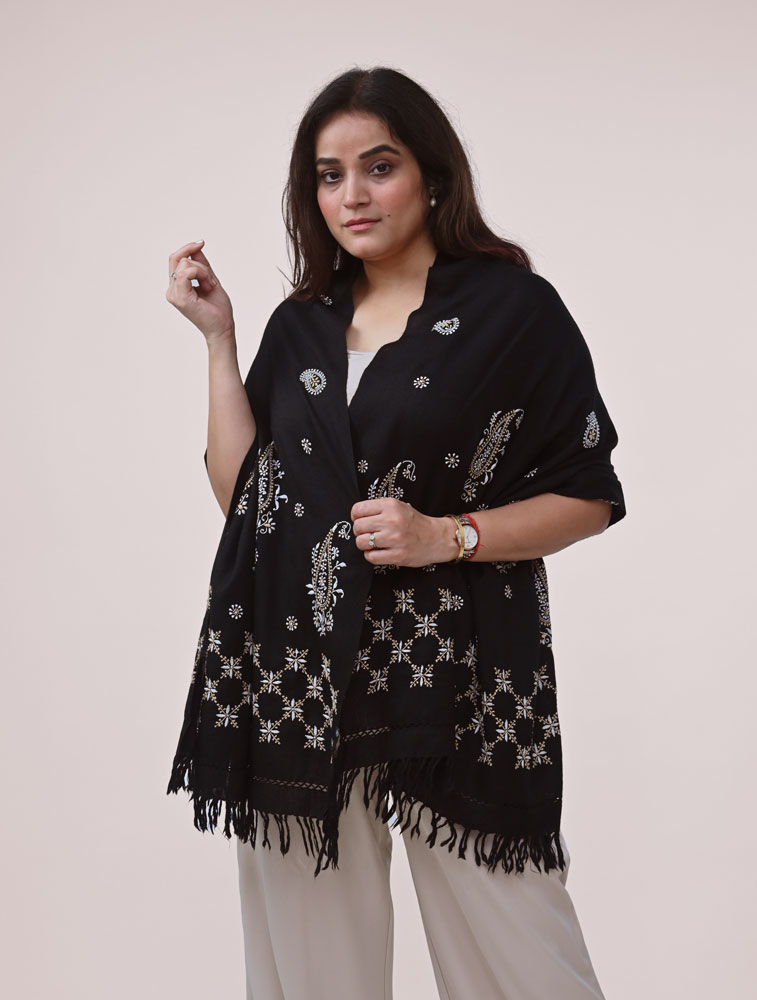 Black Woollen Stole with Hand Embroidered Chikankari Back Image