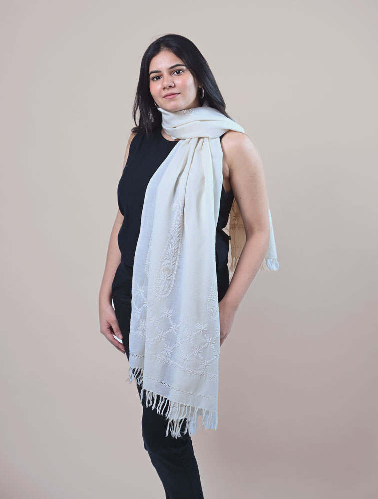 Off-White Woollen Stole with Hand Embroidered Chikankari Main Image