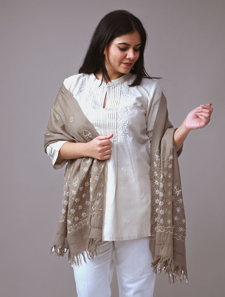 Beige Woollen Stole with Hand Embroidered Chikankari Back Image