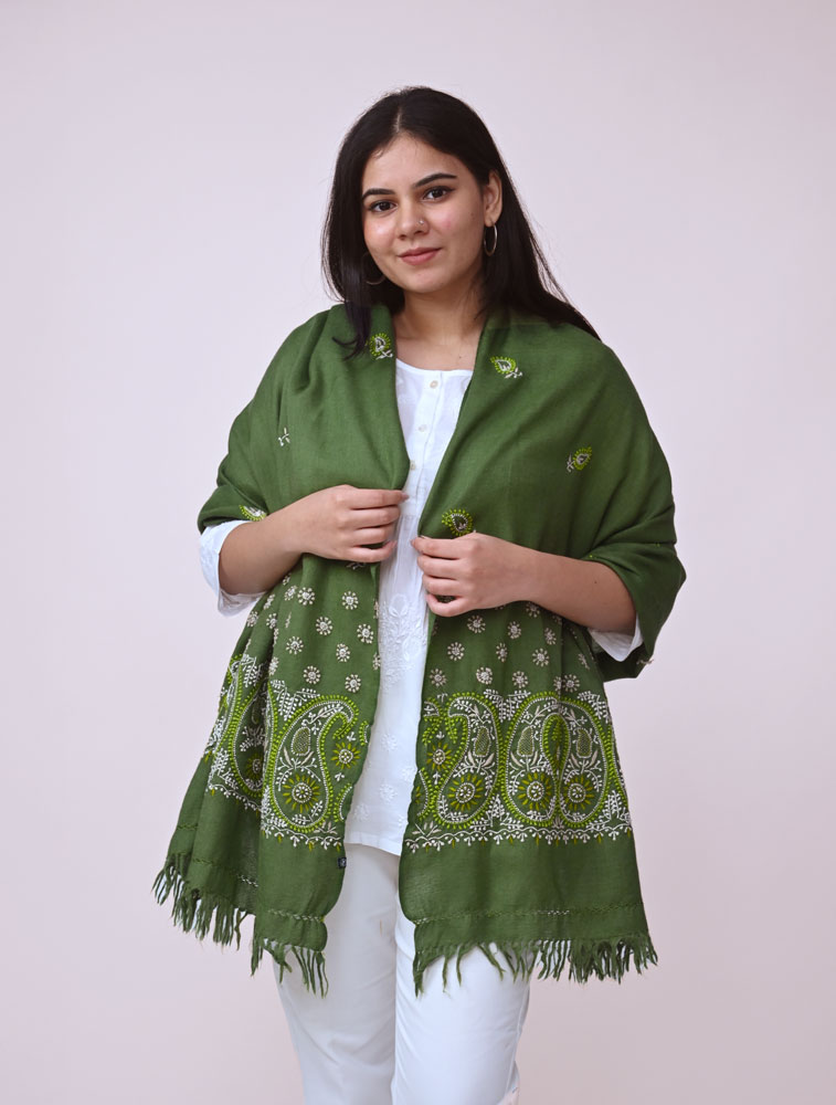 Green Woollen Stole with Hand Embroidered Chikankari Main Image