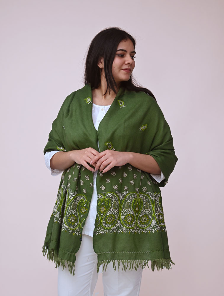 Green Woollen Stole with Hand Embroidered Chikankari Back Image
